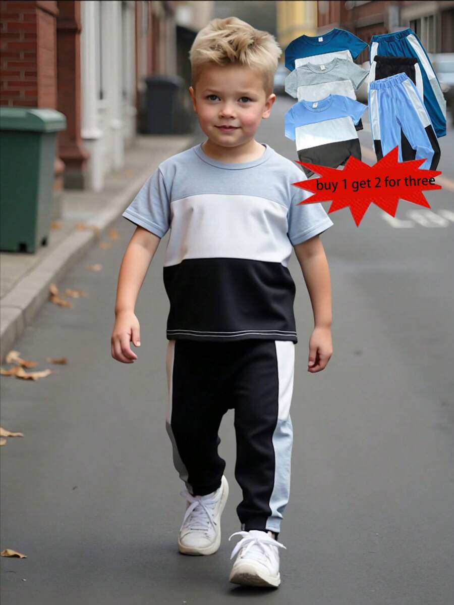 Set de 6 piezas de camiseta de manga corta tricolor y shorts para niños pequeños en estilo casual deportivo y universitario, adecuados para uso diario, escuela, salidas y deportes, de primavera/verano. Brinda múltiples opciones de mezclar y combinar para niños pequeños. El diseño general es sencillo pero elegante, cómodo de usar. Este conjunto hará que los niños pequeños se sientan relajados y luzcan un look casual y con estilo. Será una opción práctica y a la moda en el guardarropa de los niños pequeños.