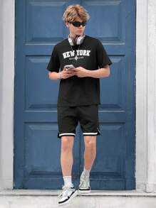 SHEIN Leap Crew Teen Boy Casual English Print Short Sleeve T-Shirt With Patchwork Woven Belt Shorts 2pcs Outfit Set - Black - View 3