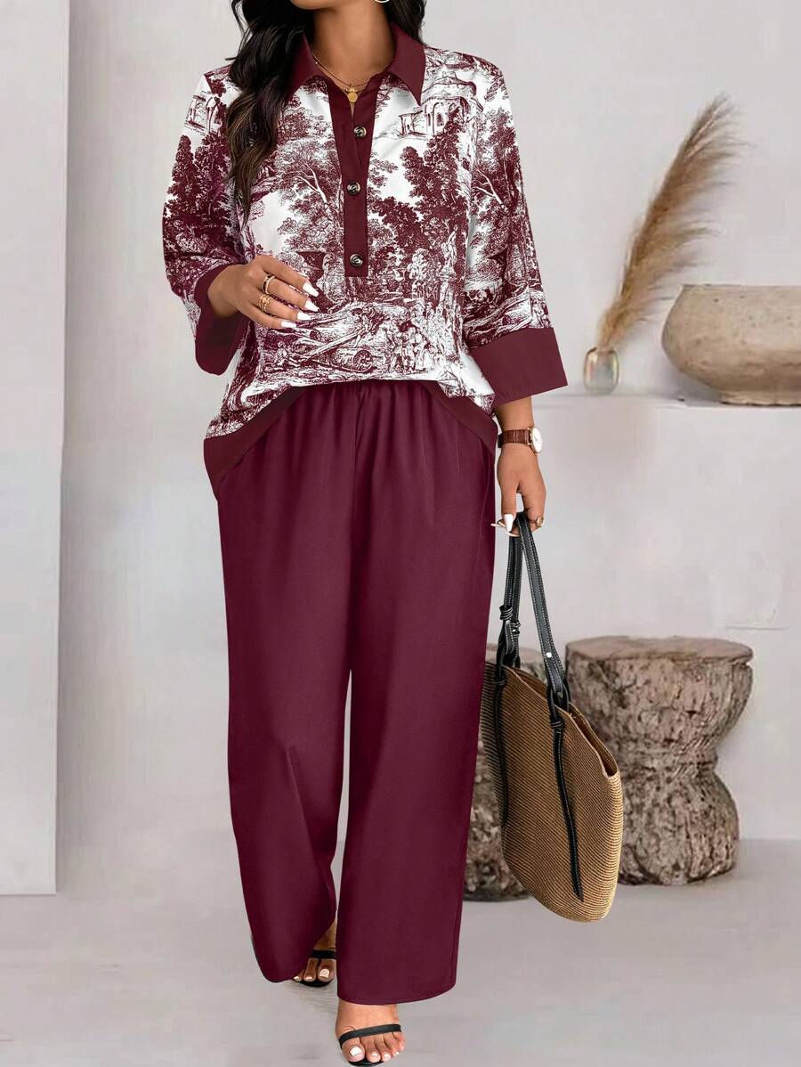 SHEIN LUNE 1 Set bedrucktes Langarmhemd und einfarbige Lange Hose, Große Größen