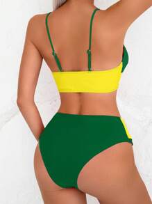 SHEIN Swim Springbreak 女士夏季海滩撞色交叉设计性感比基尼套装 - 彩色 - 查看 2