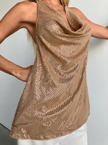 Aloruh Women's Sexy Glittering Fabric Draped Neck Backless Halter Top Women Rave Festival Rave Rave Top Women Going Out Top - Khaki - View 3