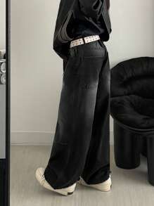 SHEIN Cottnline WOMEN WIDE LEG LOW WAIST JEANS - Black - View 3