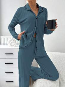 EURMUSE 2pcs/Set Contrast Color Rib-Knit Open Front Pajamas - Teal Blue - View 6