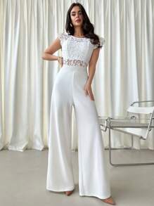 Firerie Bộ đồ liền thân ống rộng cạp cao màu trắng thanh lịch tối giản quyến rũ lãng mạn dành cho nữ, thích hợp để đi làm, ngày lễ tình nhân, hẹn hò, tiệc tùng, mặc hàng ngày - trắng - Xem 7