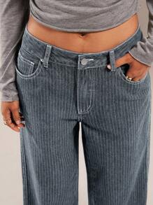 Forever 21 Autumn/Winter New Straight Leg Low Rise Unique Jacquard Stripe Casual Versatile Dark Wash Denim Jeans