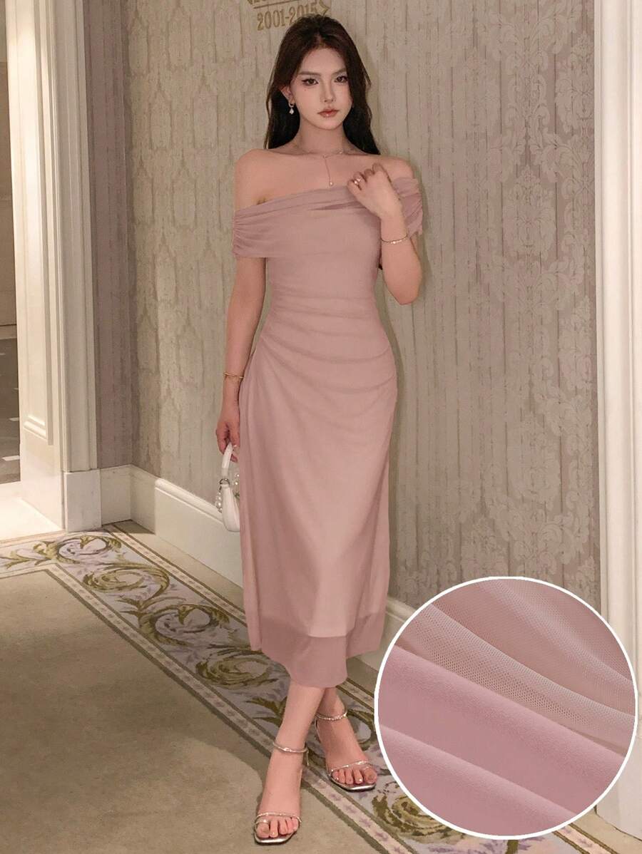 DAZY 露肩纯色褶饰侧网眼覆盖返校节礼服舞会礼服优雅太阳裙婚礼女士连衣裙