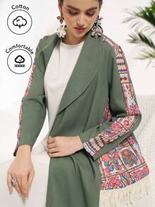 Al Najma Conservative Casual Color Block Print Patchwork Tassel Decorated Women's Arabian Abaya, Modest Robe - Green - View 2