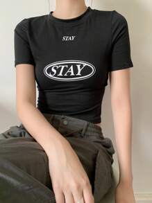 DAZY Letter Graphic Crop Tee Y2k Festival - Black - View 5