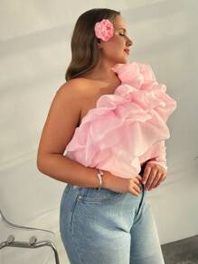 SHEIN Frenchy Blusa versátil talla grande para el trabajo, resort, té de la tarde, cita, concierto, fiesta, con estilo académico retro de moda INS para la playa, cuello de volantes voluminoso, cuello corto ajustado y asimétrico, manga larga, color rosa, adecuada para el Día de San Valentín