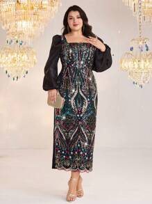 Modelyn Váy tay đèn lồng thêu sequin thanh lịch cỡ lớn - Nhiều màu - Xem 7
