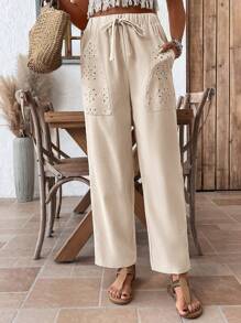 SHEIN LUNE Quần Hammer thiết kế túi vải lanh Jacquard màu cho nữ - Màu be - Xem 3