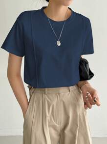 Dazy-Less 纯色缝线细节T恤，复古风格商务休闲女士工作服 - 藏蓝色 - 查看 2