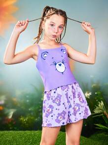 SHEIN X Care Bears Conjunto de pijama de top tipo camiseta de tirantes y shorts con estampe de oso y estrellas para niñas preadolescentes, ropa de dormir de verano, X