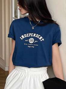 DAZY 字母印花圆领短袖T恤夏季，图案T恤 - 藍色 - 查看 9