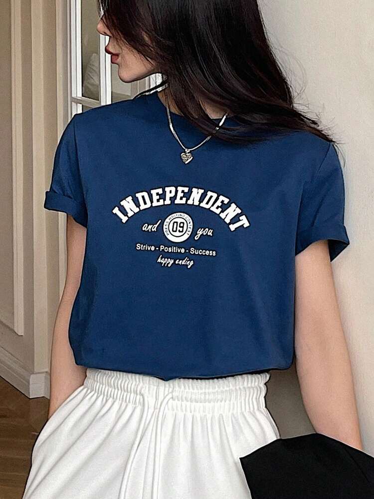 Letter Print Round Neck Short Sleeve T-Shirt Summer,Graphic Tees