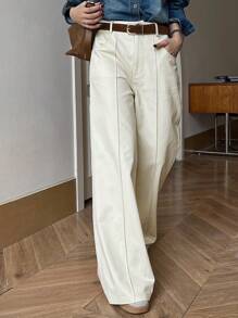 DAZY Women's Plain Pocket Casual Loose Straight Leg Pants, Versatile - Beige - View 7