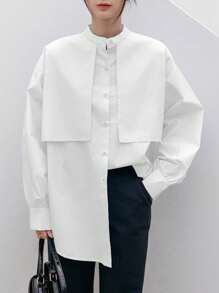 Dazy-Less Solid Button Front Drop Shoulder Shirt Old Money Style Business Casual Women Long Sleeve Top - White - View 6