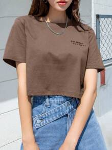 DAZY 标语印花短袖T恤“DO WHAT YOU WANT”夏季女款短款上衣 - 咖啡棕 - 查看 6