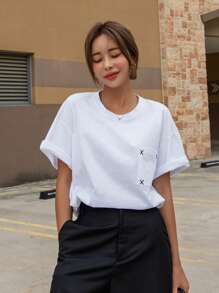 DAZY Embroidery Pocket Patched Drop Shoulder Tee Summer Preppy Tops - White - View 3