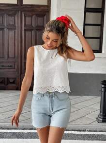 Pariaura Vacation Casual Solid Color Hollow Out Embroidery Sleeveless Shirt