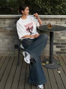 Livesso 宽松短袖圆领女式字母印花T恤夏季超大码T恤，图案T恤 - 白色 - 查看 9