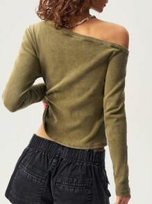 Bohemela BOHO Solid Color Asymmetrical Shoulder Long Sleeve Slim Fit Women T-Shirt