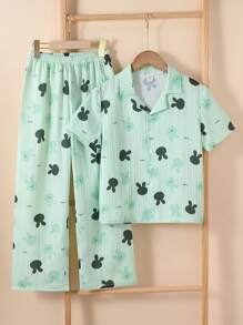 2pcs Girls Pink Rabbit Graphic Print Top & Pants Casual Homewear Set - Green - View 1