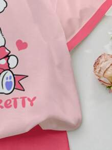 SHEIN 可爱兔子卡通印花女婴休闲简约圆领短袖 T 恤和紧身裤 2 件套，适合春夏季 - 彩色 - 查看 5