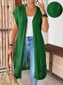 SHEIN LUNE 大码女式无袖镂空长款开衫，轻便，休闲，适合度假、通勤和圣帕特里克节，春夏季 - 綠色 - 查看 1