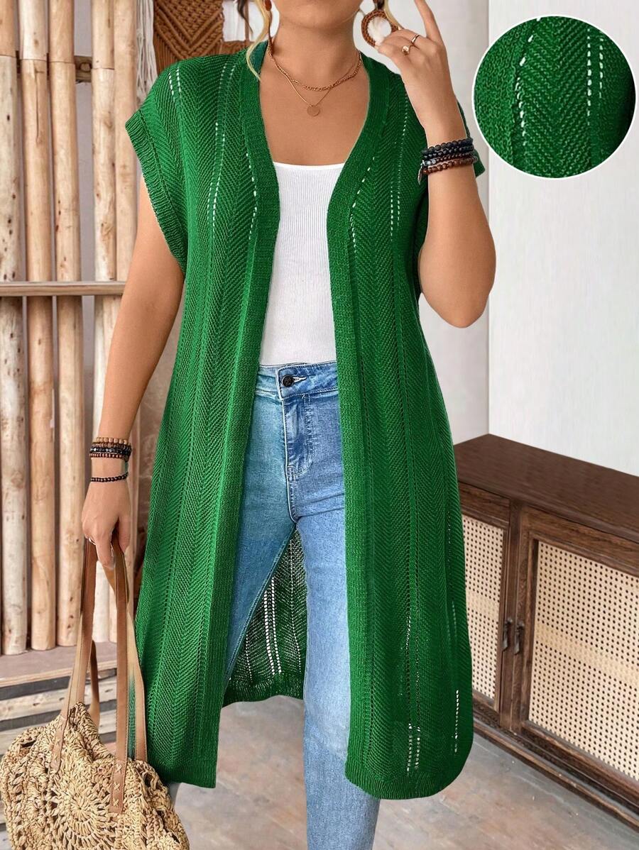 SHEIN LUNE 大码女式无袖镂空长款开衫，轻便，休闲，适合度假、通勤和圣帕特里克节，春夏季 - 綠色 - 查看 1