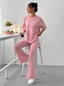SHEIN EZwear Pink Knitted Letter Embroidered Flare Pants Suit - Pink - View 6