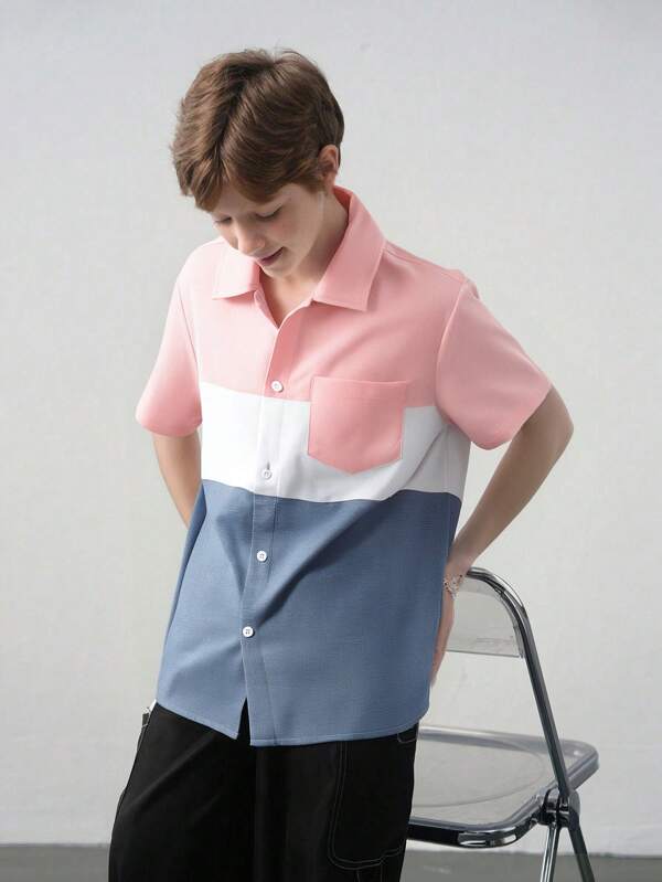 SHEIN Tween Boys' Loose Fit Casual Short Sleeve Color Block Patchwork Shirt, For Tweens