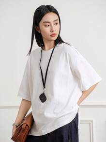 Dazy-Less Loose Simple Short Sleeve Women Solid Color Round Neck Casual T-Shirt - White - View 7