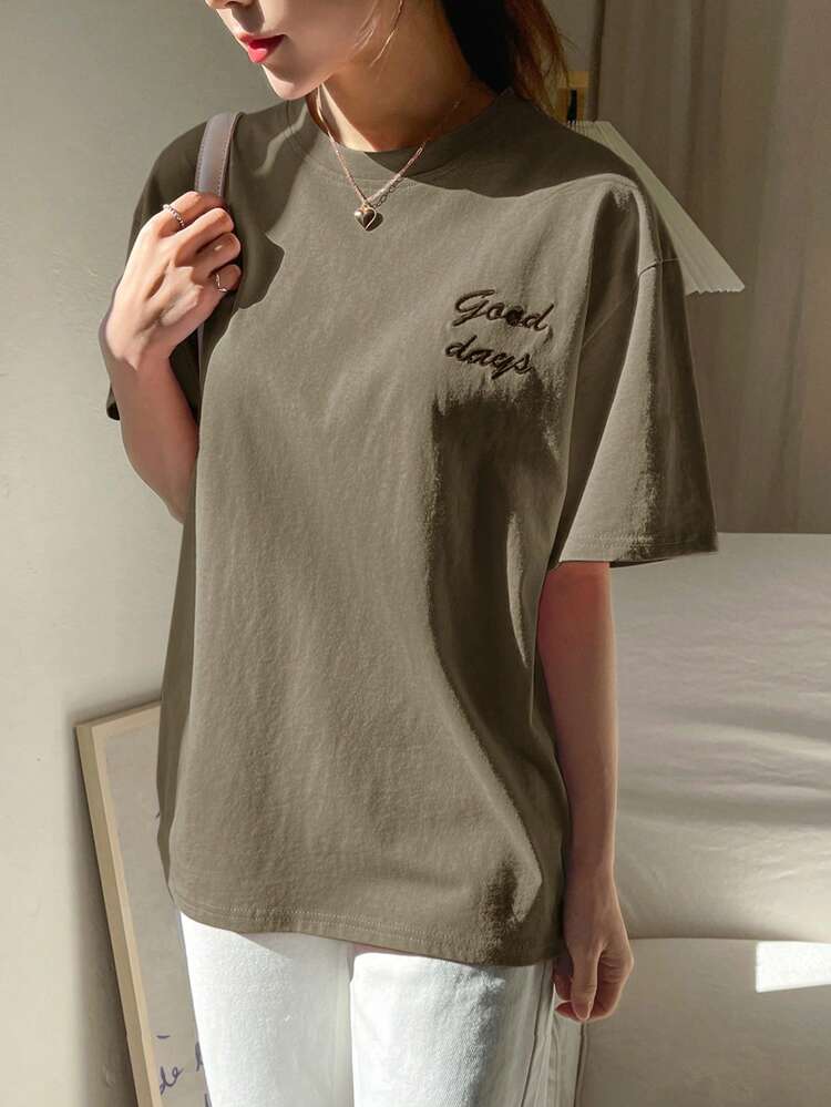 Women Short Sleeve T-Shirt With Letter Embroidery And Round Neck, Suitable For Summer Preppy Tops