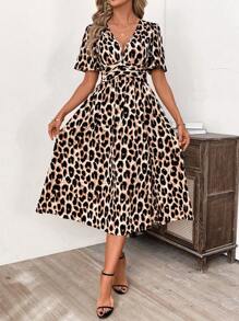 SHEIN Clasi Women's Leopard Print Short Sleeve Ruched Midi Dress, Spring/Summer