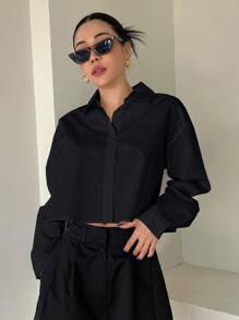 DAZY 纯色翻领短款女式长袖衬衫，返校服装短款女式上衣