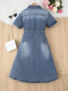 Tween Girls Blue Washed Denim Casual Fitted Short Sleeve Dress, Front Center Placket Button Decor A-Line Mid-Length Dress, Simple And Fashionable Versatile Design For Daily Wear - Medium Wash - View 2