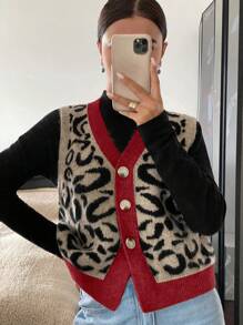 SHEIN Frenchy Plus Size Casual Leopard Print Knitted Sleeveless Open Front Cardigan - Multicolor - View 1