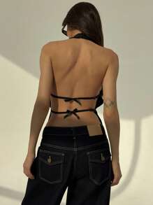 Aloruh Parte superior con escote halter sin espalda de unicolor para mujer