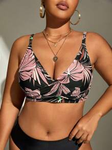 Swim Lushoire 1 件大码女式随机印花吊带背心单独时尚休闲海滩度假泳装上衣 - 藕粉色 - 查看 6