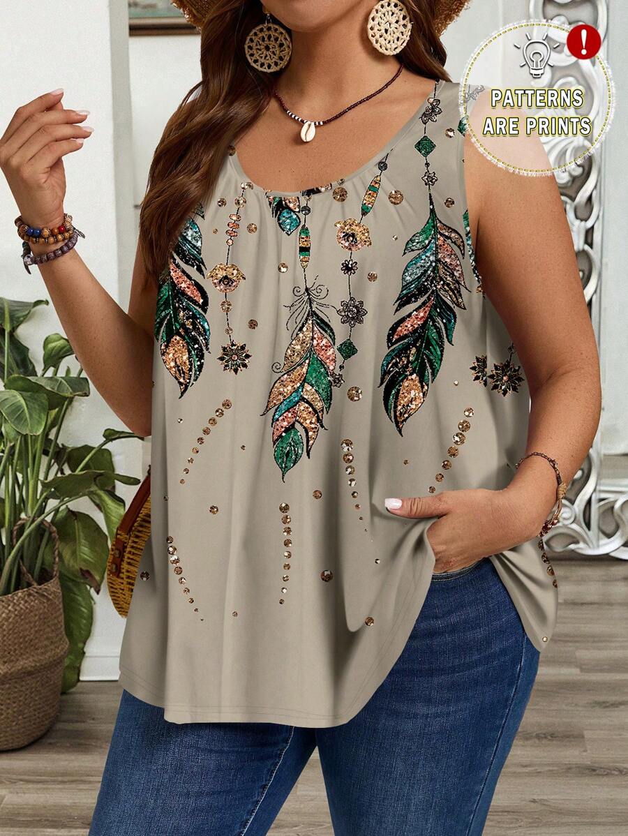 EMERY ROSE 加大码褶皱宽松羽毛印花背心，适合春夏季 - 杏色 - 查看 1