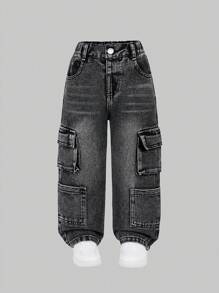 YOUNG GIRLS' Girls Jeans, Washed Light Gray Denim With Side Pleated Pockets, Fashionable And Versatile Street Style - Light Grey - View 3