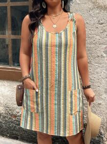 Breezaya 大码女式夏季休闲条纹无袖连衣裙，带口袋 - 彩色 - 查看 6