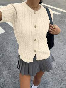 SHEIN Essnce Cárdigan de lana de manga corta para mujer, prenda exterior corta, estilo pequeño y fragante, cárdigan de lana retorcido, informal para mujer - Albaricoque - Ver 5