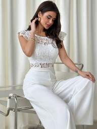 Firerie Mono elegante y minimalista de cintura alta y pierna ancha con entredós de encaje, ideal para uso diario, Día de San Valentín, citas y fiestas