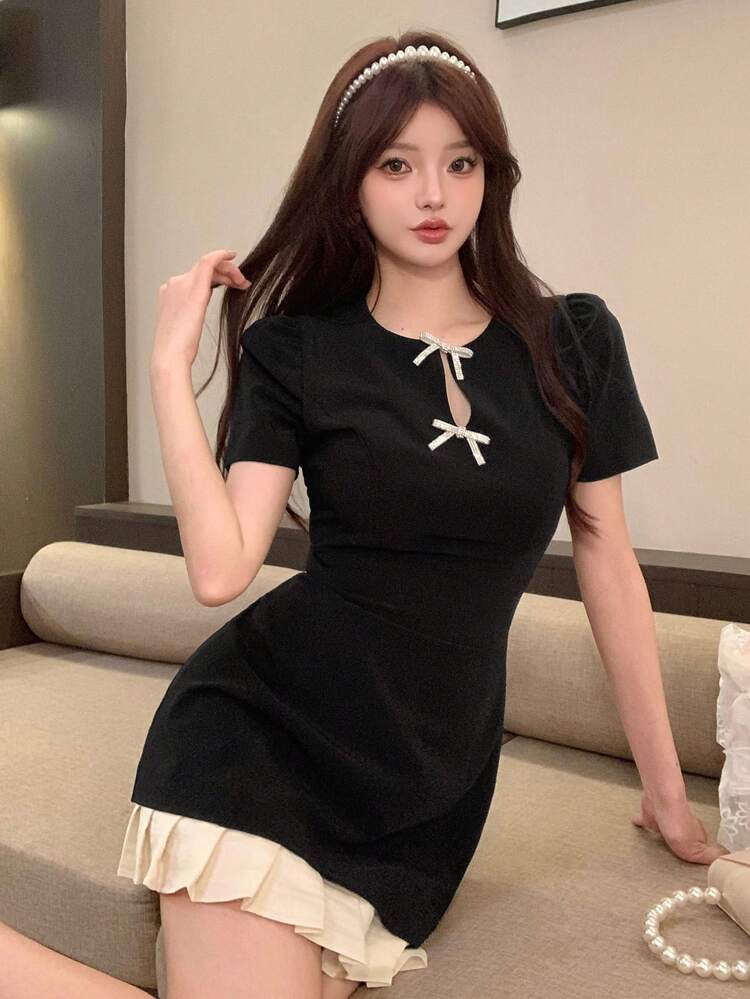 Women's Round Neck Bowknot Elegant Korean Style Party Mini Dress Summer Sundress,Fall Clothes Cocktail Dress