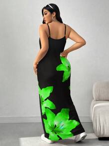 SHEIN EZwear Váy thường ngày in hoa đỏ cỡ lớn, tối giản và thời trang cho mùa thu/đông - màu xanh lá - Xem 2