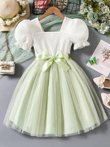 SHEIN Elladie kids 年轻女孩婚礼季节女孩白色公主裙配腰带，短袖A字泡泡袖连衣裙，婚礼花童裙，节日连衣裙 - 薄荷綠 - 查看 2