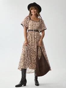 Wildy 夏季西部乡村音乐节碎花迷你连衣裙 - 杏色 - 查看 5