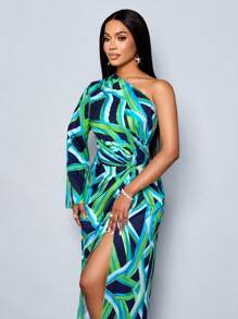 SOLERSUN Women's Fashion One Shoulder Long Sleeve All Over Printed Ruffled High Slit Maxi Dress For Vacation (Random Floral)